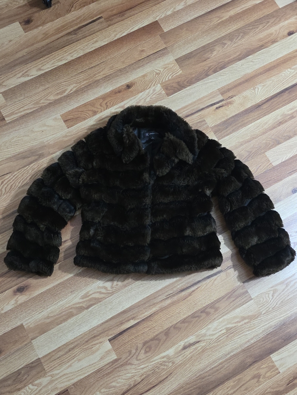INC International Concepts Women's Faux Fur Jacket  Dark Brown Snap Closure